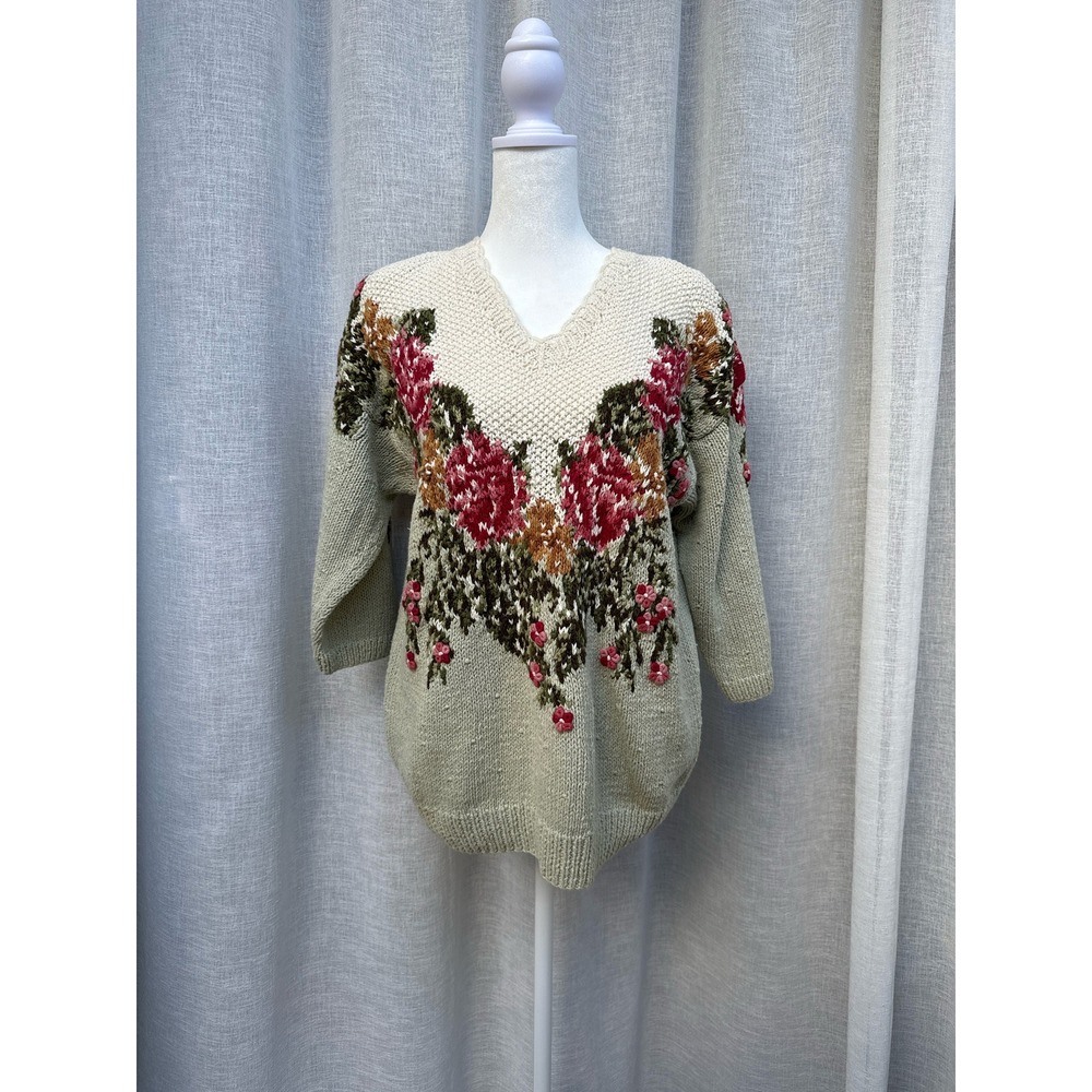 Vintage Marisa Christina Petite hand knitted cotton blend sweater floral detail